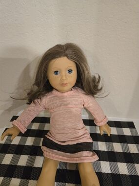 American Girl Brown-Haired Doll in Pink Striped Dress with Black Band